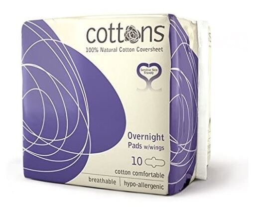 Overnight Night Pads with Wings 100% Cotton 10 Units